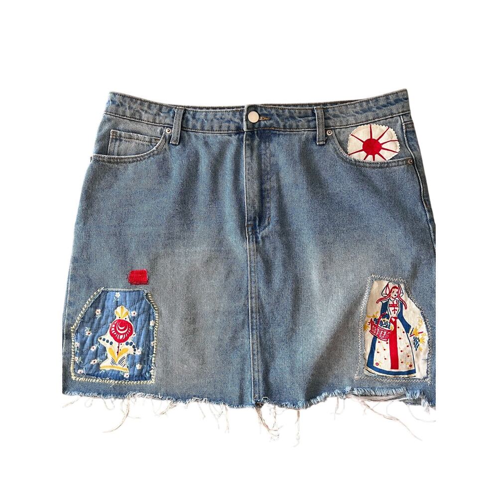 Custom Reworked Patchwork Denim Skirt Size 34 - Picture 1 of 6